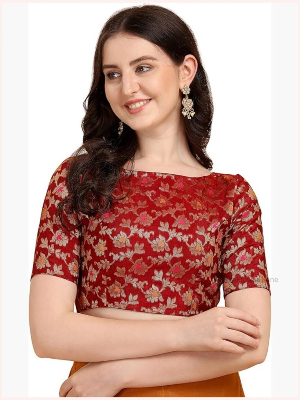 Indian Saree Blouse Jacquard Fabric Cap Sleeve Front Hook & Eye Closure